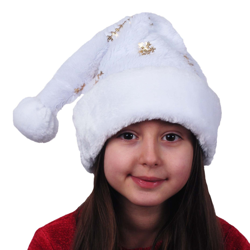 BONNET DE NOEL PELUCHE BLANC AVEC FLOCONS DORES (scol 12)